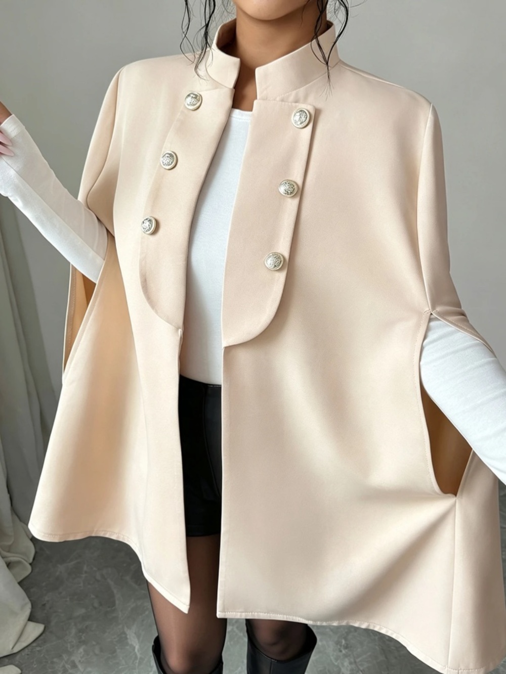 Classic Solid Open Front Button Detail Cape Style Blazer Coar Jacket - Picture 5 of 7